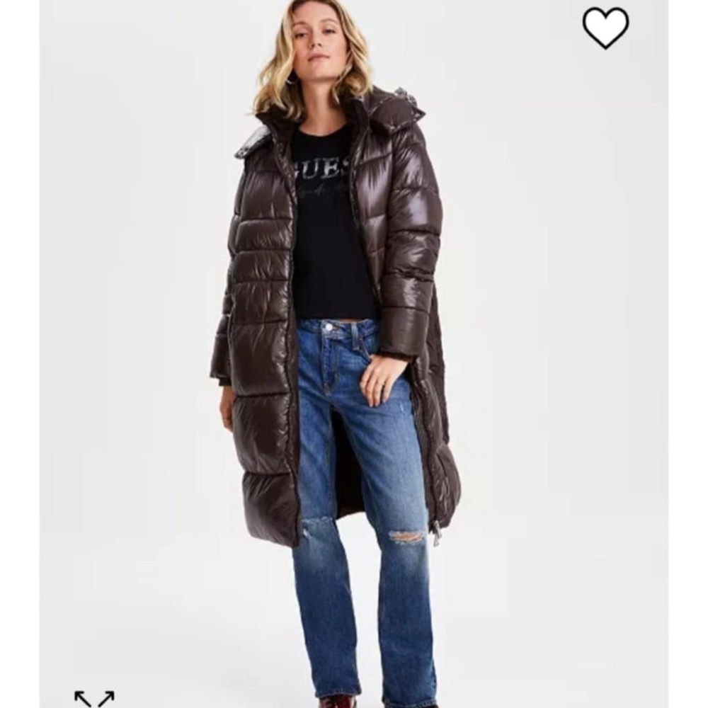 NWT GUESS Women's Shine Mid-Length Puffer Coat in Brown Espesso size Small NWT